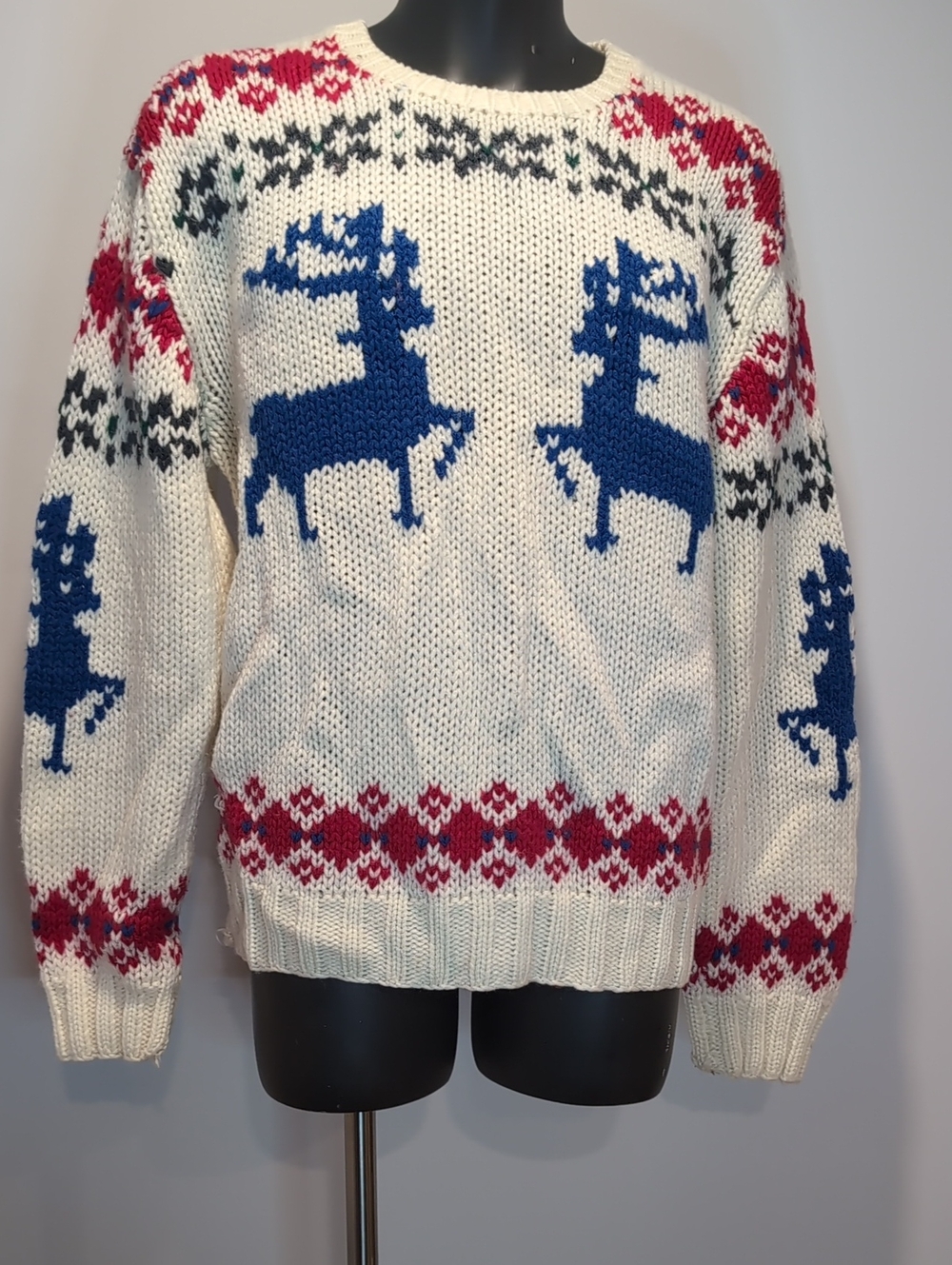 Vintage Cream Nordic Reindeer Chunky Knit Sweater Blue Red Pattern XL Christmas